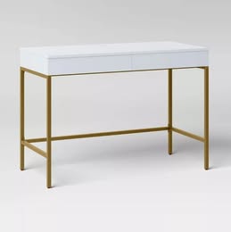 Loring Wood Writing Desk with Drawers and Charging Station White/Gold - Threshold