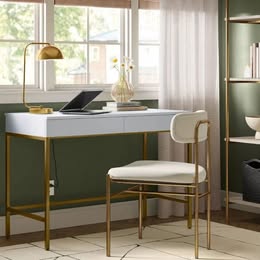 Loring Wood Writing Desk with Drawers and Charging Station White/Gold - Threshold